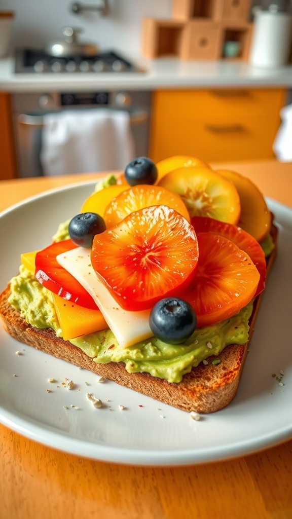 Creative 3D toast with avocado, cheese, and fruits on a plate.